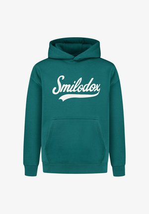 Teal Kapuzenpullover mit Kängurutasche, gerippten Bündchen und Saum, mit weißem "Smilodox"-Schriftzug auf der Brust. Weiches Material aus Baumwollmischung.