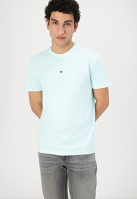 Mintgrünes Baumwoll-T-Shirt mit kurzen Ärmeln, Rundhalsausschnitt und einem weißen Logo-Text "TOMMY JEANS", der quer über die Brust aufgedruckt ist. Kombiniert mit grauen Jeans.