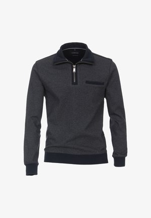 Maglione grigio scuro da uomo, con zip sul collo, colletto a contrasto, maniche lunghe, tessuto textured, dotato di taschino sul petto e polsini a coste.