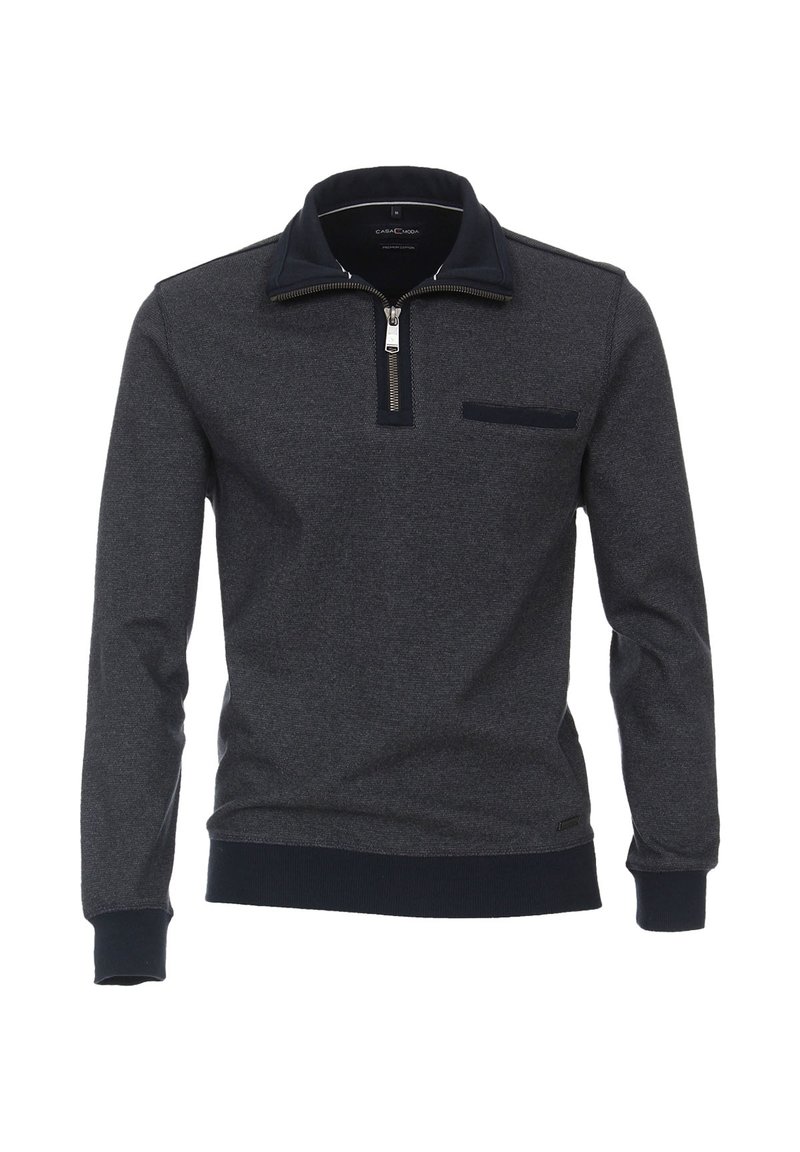 Mörkgrå herrtröja med pulloverdesign, dragkedja i kragen, kontrasterande krage, långa ärmar, texturerad tyg, har en bröstficka och ribbade mudd.