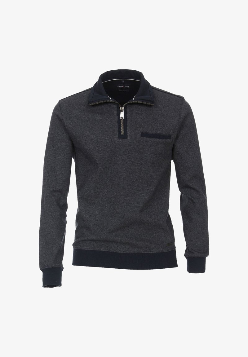 Maglione grigio scuro da uomo, con zip sul collo, colletto a contrasto, maniche lunghe, tessuto textured, dotato di taschino sul petto e polsini a coste.