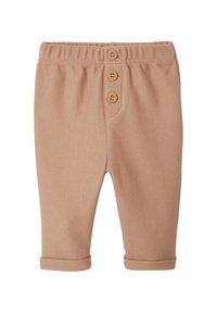 Hellbraune Babyhosen aus Baumwolle mit einem strukturierten Muster, elastischem Bund, drei Holzknöpfen und umgeschlagenen Bündchen an den Knöcheln.