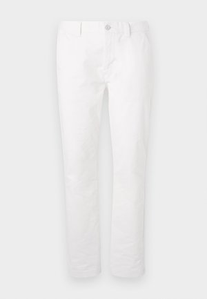White cotton trousers with a straight leg design, featuring a button closure, belt loops, and no visible patterns or accents.