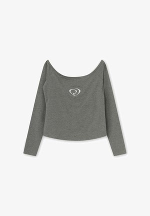 Gray long-sleeve crop top with wide scoop neckline and small white abstract heart-shaped logo centered on the chest.