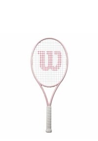 Wilson tennis racket with a circular head, light pink frame, white grip, and red logo prominently displayed on the strings.