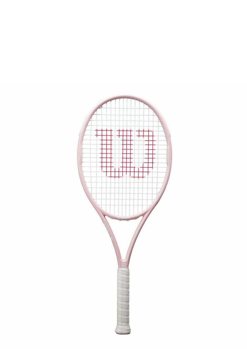 Wilson tennis racket with a circular head, light pink frame, white grip, and red logo prominently displayed on the strings.