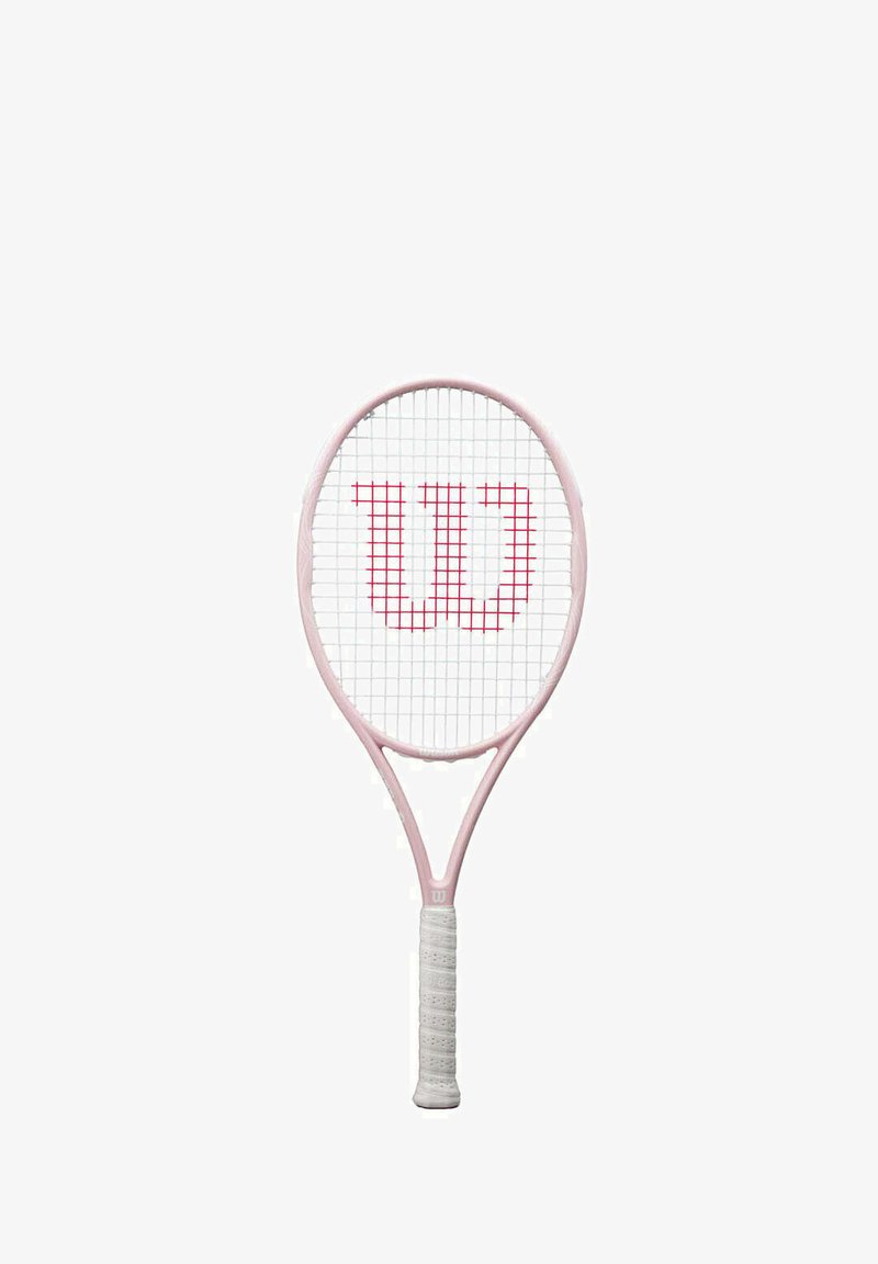 Wilson tennis racket with a circular head, light pink frame, white grip, and red logo prominently displayed on the strings.