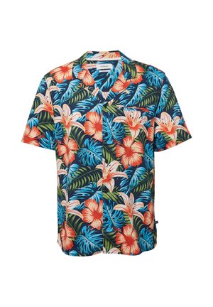 Hawaiian-Hemd mit kurzen Ärmeln, das ein leuchtendes Blumenmuster mit roten, orangefarbenen und weißen Blumen vor einem blauen und grünen Blätterhintergrund zeigt.