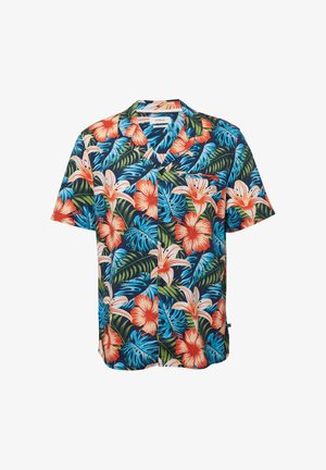 Krótkosleeve'owa hawajska koszula w jasny kwiatowy wzór z czerwonymi, pomarańczowymi i białymi kwiatami na niebiesko-zielonym liściastym tle.