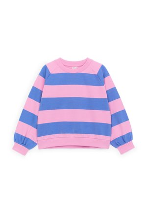 Bluza z długim rękawem z szerokimi poziomymi różowymi i niebieskimi paskami, marszczonymi mankietami i okrągłym dekoltem.
