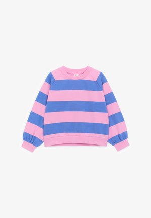 Felpa a maniche lunghe con ampie strisce orizzontali rosa e blu, polsini arricciati e scollo tondo.