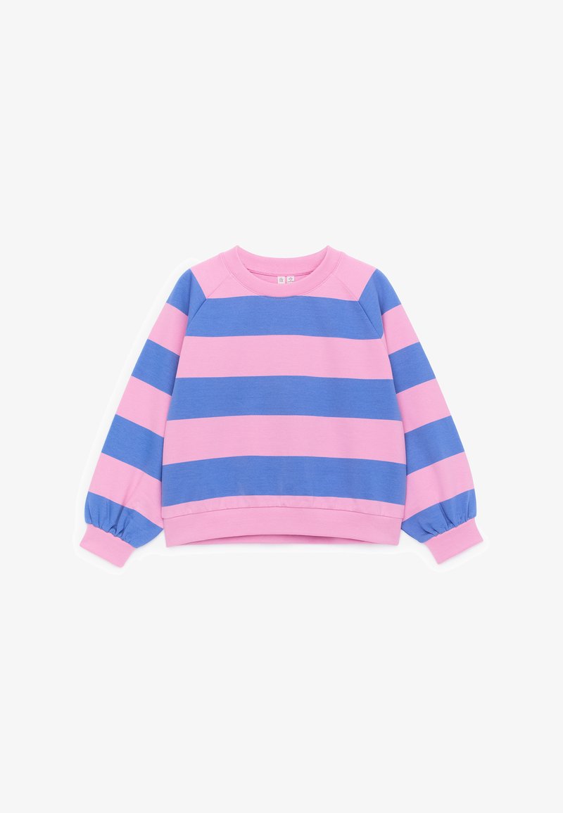 Sweat-shirt à manches longues avec larges rayures horizontales roses et bleues, poignets froncés et encolure ronde.