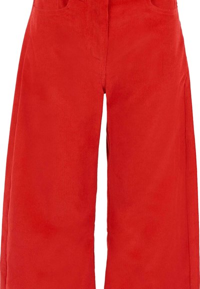 Pantaloni in corduroy a gamba larga di un rosso brillante con tasche visibili e vita alta.