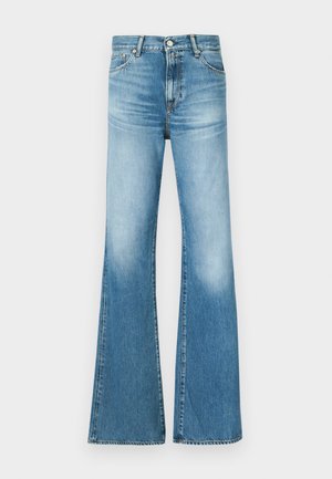Light blue denim flared jeans with high waist, faded texture, five-pocket design, and metal button closure. Hem with raw finish.
