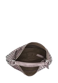 Woven metallic pink handbag with zigzag pattern, zipper closure, and a spacious interior pocket. Smooth texture and stylish design.