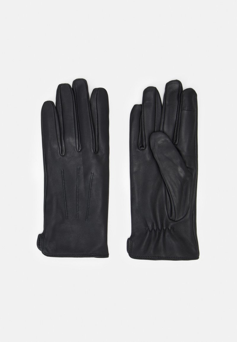 Luvas de couro preto com textura suave, apresentando três linhas de costura decorativas na parte de trás e um punho franzido para um ajuste confortável.