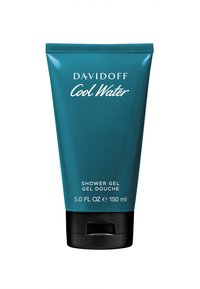 Davidoff Cool Water duschgel i en teal plasttub. Har ett svart flip-top lock. Texten inkluderar produktnamn och volym i fluid ounces och milliliter.