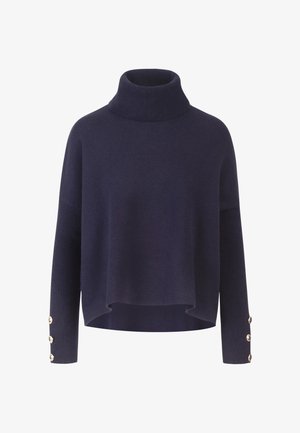 Marinefarbener Rollkragenpullover aus weichem Stoff mit lockerer Passform, gerippten Ärmeln und dekorativen Knopfakzenten an den Handgelenken.