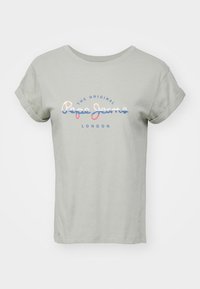 Ljusgrå bomulls t-shirt med uppvridna ärmar och texten "THE ORIGINAL Pepe Jeans LONDON" i blå, rosa och vita färger.