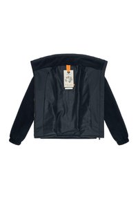 Navy blue jacket with a soft, fluffy fleece exterior, and a smooth interior lining. Features a tag with orange accent, long sleeves, and zip closure.