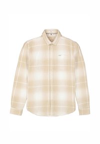 Lichtbeige geruite shirt met lange mouwen, knoopsluiting kraag, enkele borstzak en een textuurpatroon in de stof.