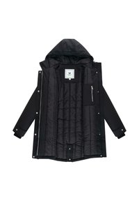 Black insulated jacket with a hood, featuring a zip closure, quilted interior, and a chest pocket with a zipper. Smooth exterior fabric.