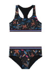 Fekete fürdőruha szett, amely versenyháton viselhető toppal és bikini alsóval rendelkezik, színes pálmafák és gyümölcs mintákkal díszítve, multicolor csíkos derékrésszel.