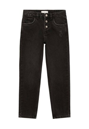 Sorte denim jeans med høj talje. Har en knaplukning, fem lommer og en diskret slidseffekt foran. Designet har lige ben.