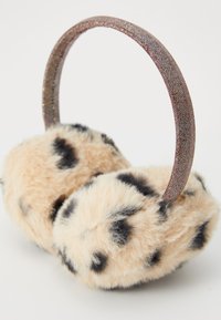 Cuffie in pelliccia sintetica con un motivo beige maculato, dotate di una fascia per la testa marrone texture e scintillante per una presa e uno stile extra.