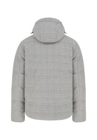 Jasnoszara pikowana zimowa kurtka z kapturem, pokazana od tyłu, z subtelnym wzorem w kratę i długimi rękawami.
