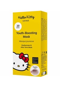 Geel doosje met Hello Kitty-ontwerp, gelabeld "Jeugdversterkende Masker," bevat 20 maskers met aloë vera en hyaluronzuur.