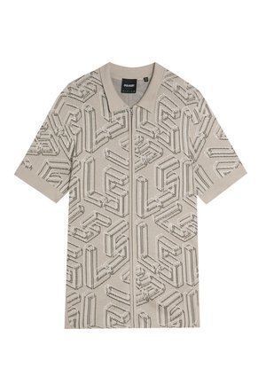 Beige trui met korte mouwen en een geometrisch patroon. Voorzien van een rits aan de voorkant en een klassieke kraag, textuurstof met dimensionale lijnen.