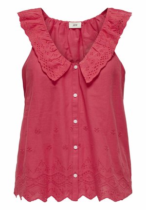 Rosa ermeløs topp med en bølget brodering, dekorative knapper og blomsterbroderi langs kanten og brystet.