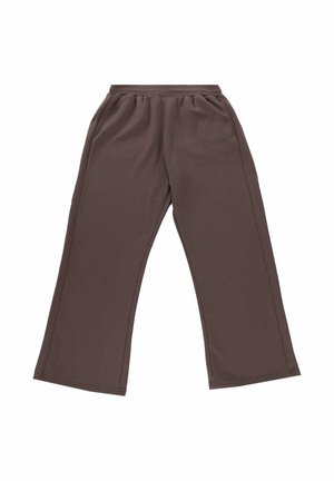 Pantaloni da tuta larghi color marrone con vita elastica e tasche laterali, dotati di un sottile logo "Dropster" sulla coscia sinistra.