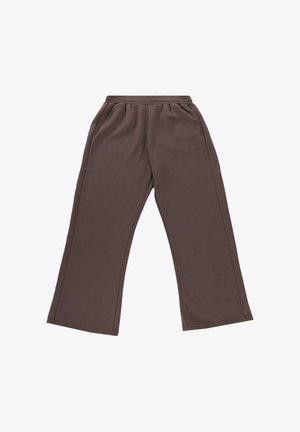 Brown wide-leg sweatpants with elastic waistband and side pockets, featuring subtle "Dropster" logo on left thigh.