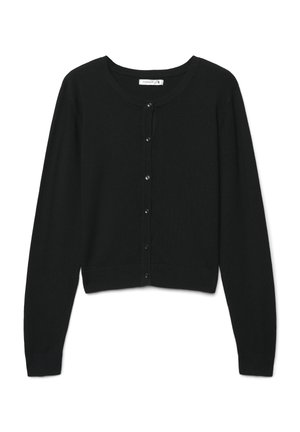 Cardigan nero in maglia con scollo rotondo, maniche lunghe, chiusura frontale con bottoni e polsini e orlo a coste. Tessuto liscio, silhouette aderente.