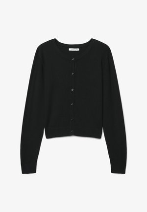Cardigan nero in maglia con scollo rotondo, maniche lunghe, chiusura frontale con bottoni e polsini e orlo a coste. Tessuto liscio, silhouette aderente.