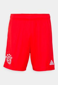 Pantaloni sportivi rossi realizzati in tessuto leggero. Presentano un elastico in vita, il logo del FC Bayern Monaco con cinque stelle e il logo Adidas in argento.