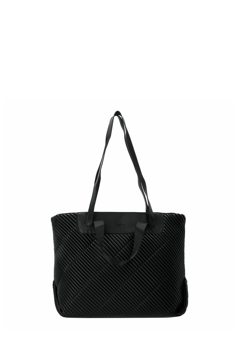 Zwarte totebag met diagonale ribbelstructuur, glanzende afwerking en dubbele lange handvaten. Ritsafsluiting en extra zijvakdetail.