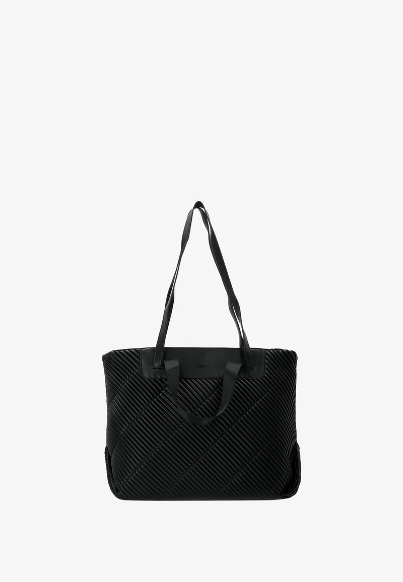 Borsa a tracolla nera con texture a costine diagonali, finitura lucida e doppi manici lunghi. Chiusura con zip e dettaglio di tasca laterale aggiuntiva.