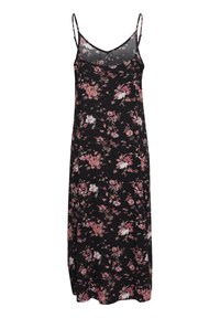 Rochie maxi neagră cu flori, cu bretele subțiri, având un model floral luminos în roz și alb, și o siluetă fluidă.
