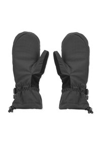 Moufles noires avec une surface texturée, poignets élastiques et cordons réglables pour un ajustement sûr. Fabriquées en matériau durable et résistant à l'eau.