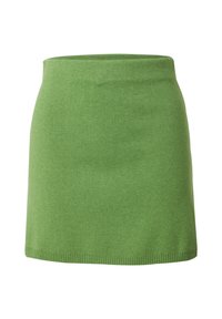 Groene gebreide rok met een aansluitende tailleband, gestructureerd ontwerp en een gladde textuur, met een nette zoom zonder extra details.