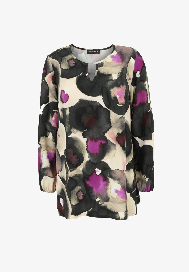 Langärmlige, lockere Bluse aus leichtem Stoff mit einem floralem Muster in Schwarz, Creme und lila, das an Aquarell erinnert. Detail mit Schlüsselloch-Ausschnitt.