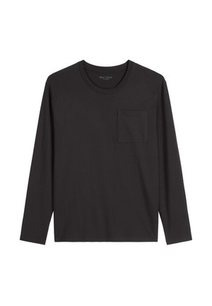 Czarna, długosleeve'owa koszulka z miękkiego materiału, z okrągłym dekoltem i małą kieszonką na lewej piersi. Prosty design bez wzorów.