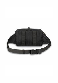 Borsa a vita nera realizzata in nylon testurizzato, dotata di cinghie regolabili, due cinghie laterali e chiusura a fibbia. Forma rettangolare con zip liscia.
