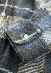 Close-up of a blue, gray, and beige plaid flannel shirt cuff fastened with a white button and detailed stitching.