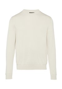 Sweatshirt crème à col rond en tissu doux, comportant un ourlet et des poignets côtelés, avec un design minimaliste et sans motifs ni accents visibles.