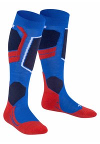 Calze fino al ginocchio con un motivo geometrico blu, rosso e navy, dotate di una finitura testurizzata e sezioni rinforzate sulla punta e sul tallone.