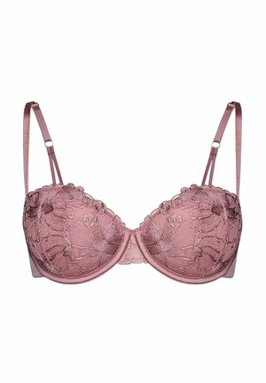 Rosa Spitze Unterwäsche-BH mit floraler Stickerei und verstellbaren Schulterträgern, vor einem weißen Hintergrund präsentiert.